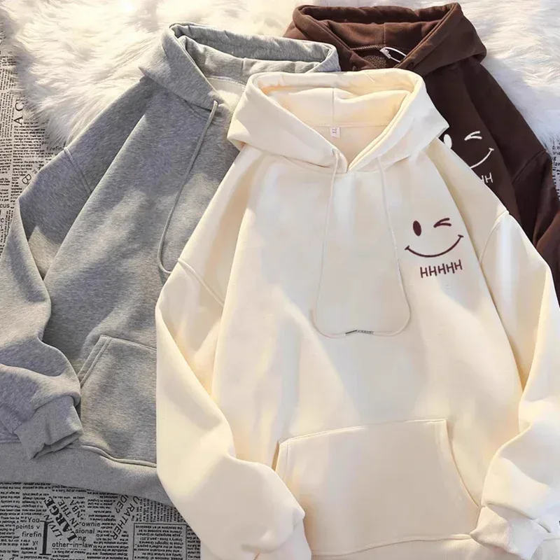 Rosto sorridente masculino engraçado moda casal camisola com capuz americano peso pesado solto engrossado cashmere meninos moletom com capuz topo