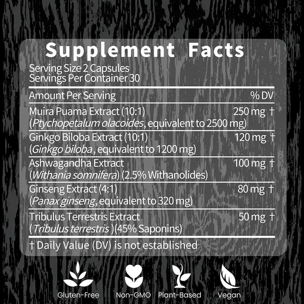 Hatékony hatású fa gyógynövény-kiegészítők ginzenggel Ashwagandha 60 kapszula Adaptogen Energy Stamina Immun Antioxidánsok Bél egészsége — image 6