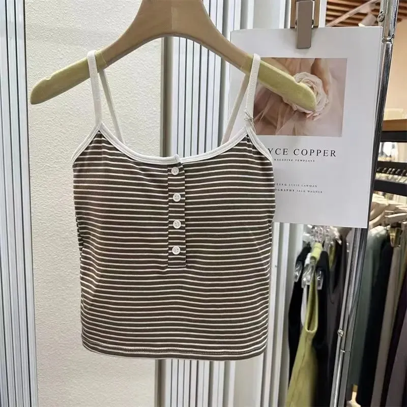 Integrated Stripe Women's Vest Inner Wear Outer Wear Button Fixed Cup No Bra Sports Top Short Style Cotton 100% Short Vest — image 13