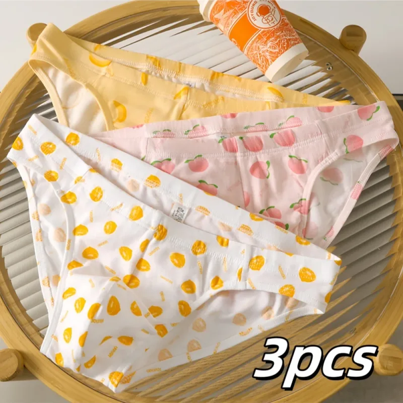 Pacote de três cuecas masculinas fofas e personalizadas de algodão com estampa de frutas, confortáveis ​​e adequadas para a pele, roupas íntimas casuais respiráveis ​​de cintura baixa para homens jovens