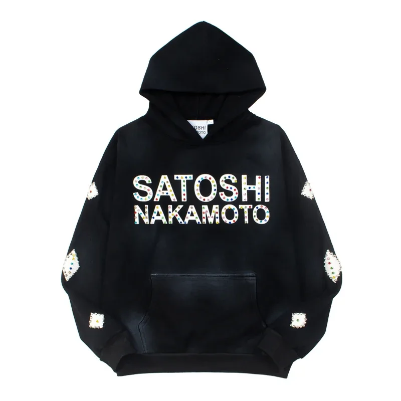 Hoodies Pullover 26ss Vintage Embroidery Leather Pattern Glittering Diamond Print Men's Hooded Hip Hop Style Sweatshirts — image 4