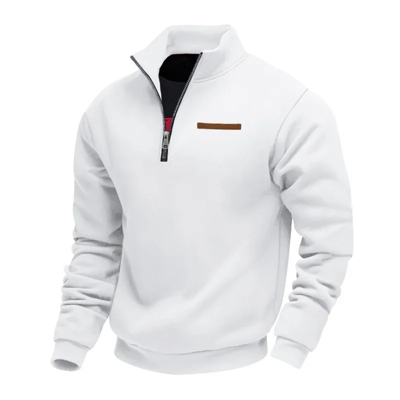 Moletom masculino com zíper com gola alta, pulôver casual de lã quente com listras decorativas no peito