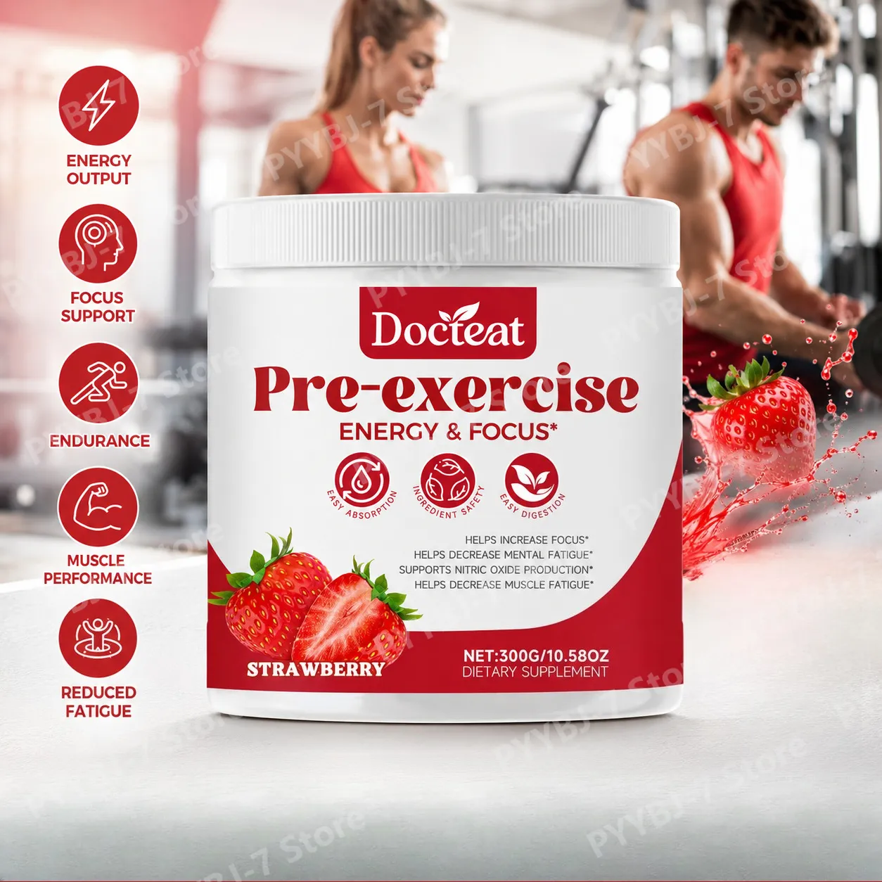 Pre-Workout Powder Energy and Focus Support Support Muscle Recovery Strawberry Flavor Daily Health Care 300g — image 2