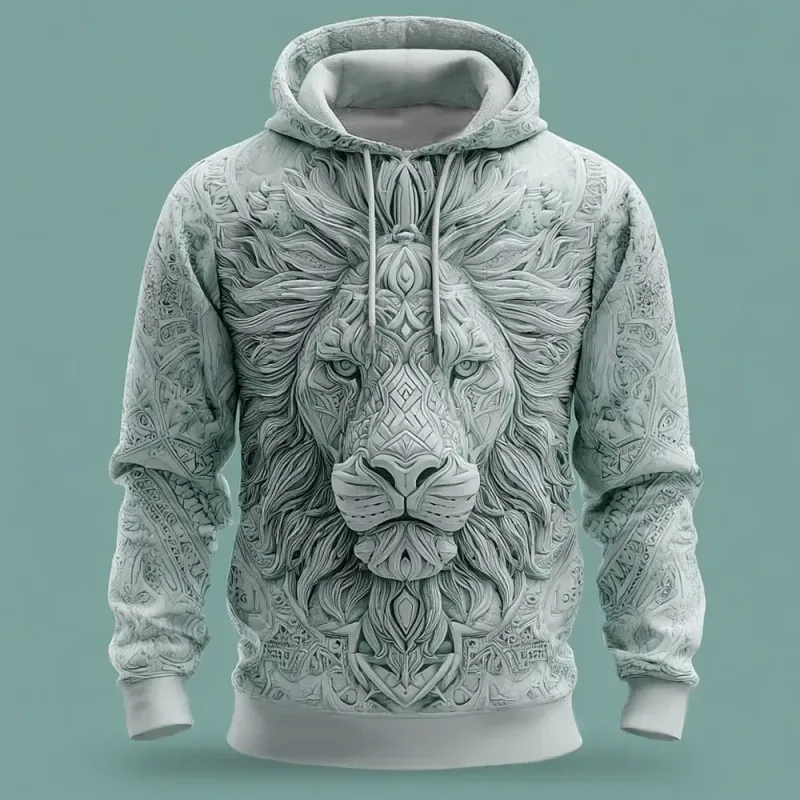 2026 Fall Winter Men's Vintage Animal Lion 3D Prints Hooded Hoodies Sweatshirt Long Sleeve Crew Neck Streetwear Drawstring Tops — image 3