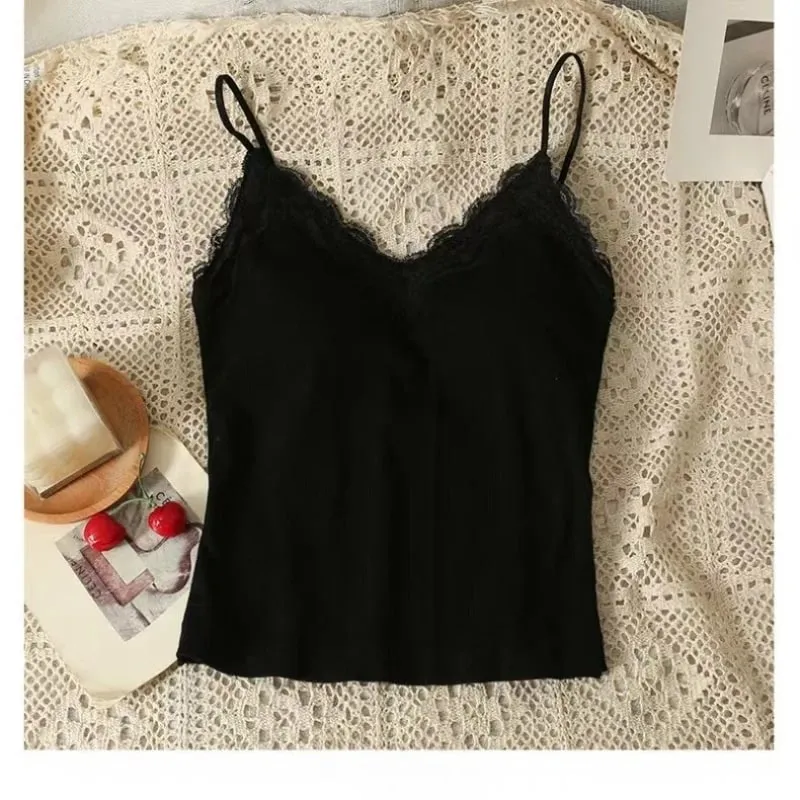Women Sleeveless Tank Tops Solid Color Korean Version V Neck Slim Fashion Lace Stitching With Chest Pad Camisole — image 5