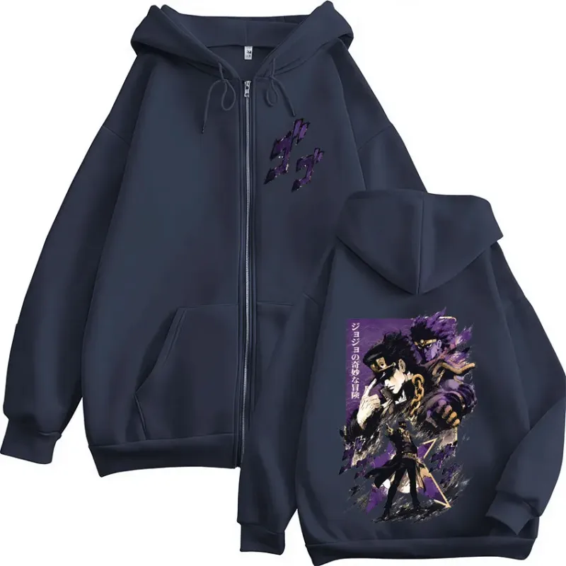 Anime JoJo Bizarre Adventure Kujo Jotaro Zipper Hoodies Men Women Clothing Fashion Casual Zip Up Hooded Sweatshirts Jackets Coat
