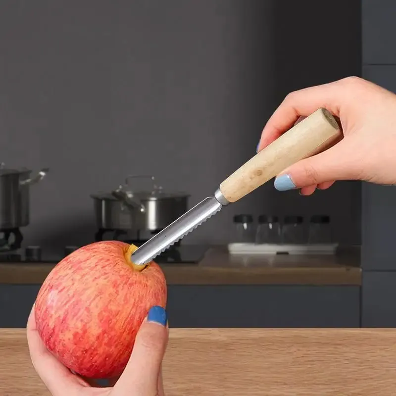 Corer כלי מטבח נירוסטה אגס פיטר נגד החלקה ידני מטבח מחליק עם ידית עץ לחיתוך פירות בישול סלט