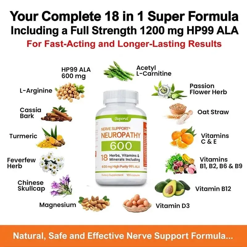 Neuropathy Support Supplement 600mg - Antioxidant Reduces Stress Promotes Nerve Health Cellular Energy Metabolism Non-GMO
