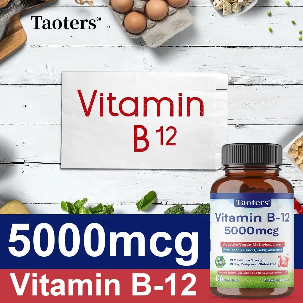 ויטמין B12 כמוסות 5000 מק"ג מתילקובלמין טבעוני ביו-אקטיבי תומך בייצור אנרגיה ותפקוד מערכת העצבים