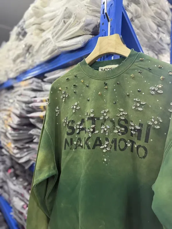 Letters Logo Rhinestone Rivet Satoshi Nakamoto Sweatshirts Men Women Streetwear Vintage Washed Charcoal Gray Green Pullovers Tag
