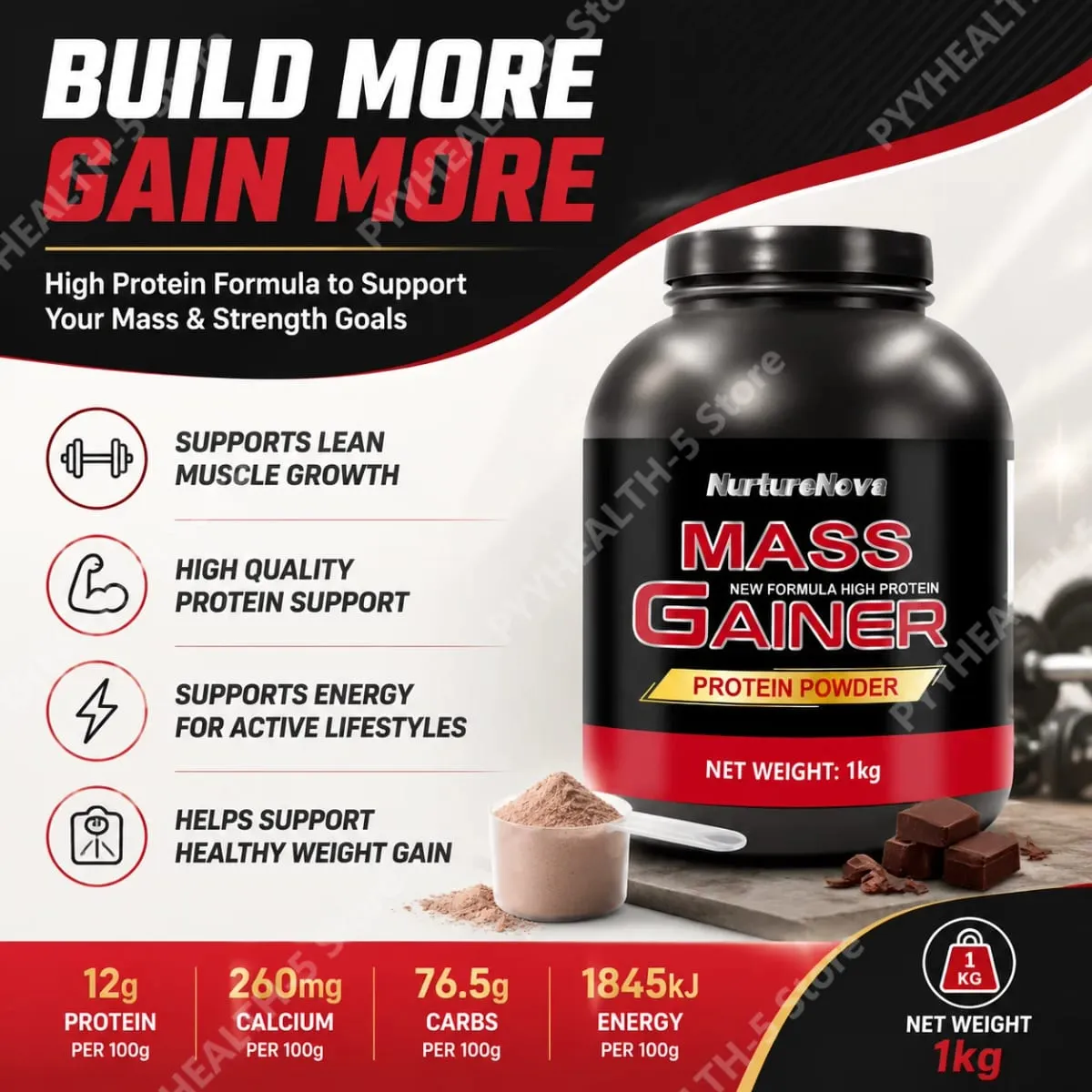 Mass Gainer Protein Powder NurtureNova New Formula High Protein for Muscle Building Support Συμπλήρωμα Αθλητικής Διατροφής 1kg — image 4