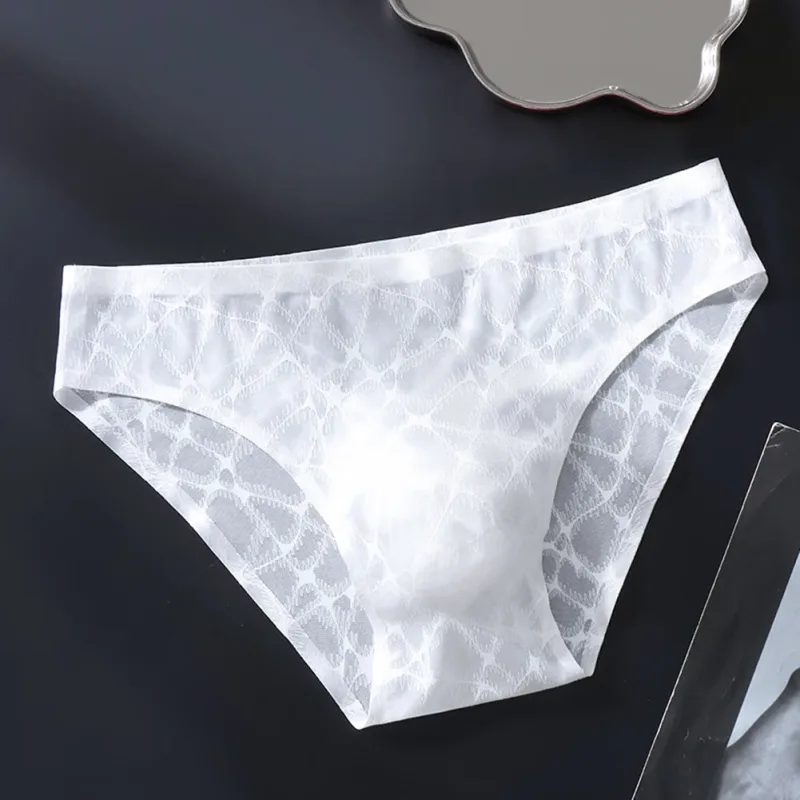 Men Sexy Lace Thin Ice Silk Briefs Underwear For Man Bulge Pouch Low Waist Very Hot Lingerie Solid Unisex Panties Men's Clothing