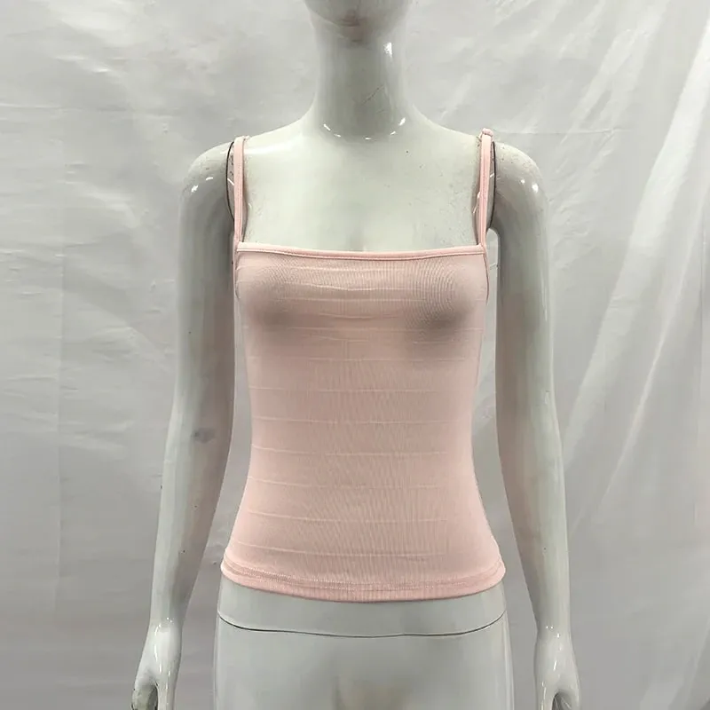 Női nyári egyszínű kötés Camisole Slim Fit négyzet alakú nyakú spagetti pánt bordás kötött Cami felső