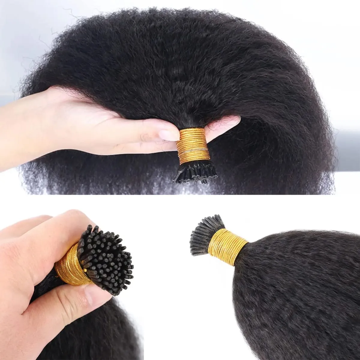I Tip Extensions Μαλλιών Kinky Straight Human Hair #1B Pre Bonded Remy Micro Links Human Hair Extensions Natural Black 1g/Strand — image 2