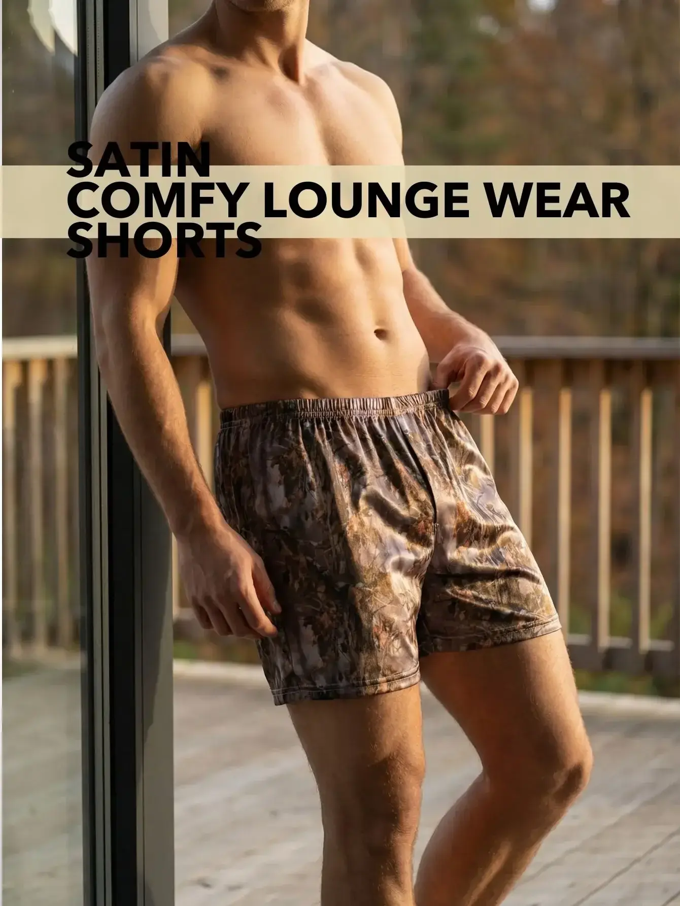 1 pirasong Panlalaking Magaan na Makahinga na Metallic Sheen Casual Home Loungewear - Camouflage Print Satin Sleep Shorts — image 1