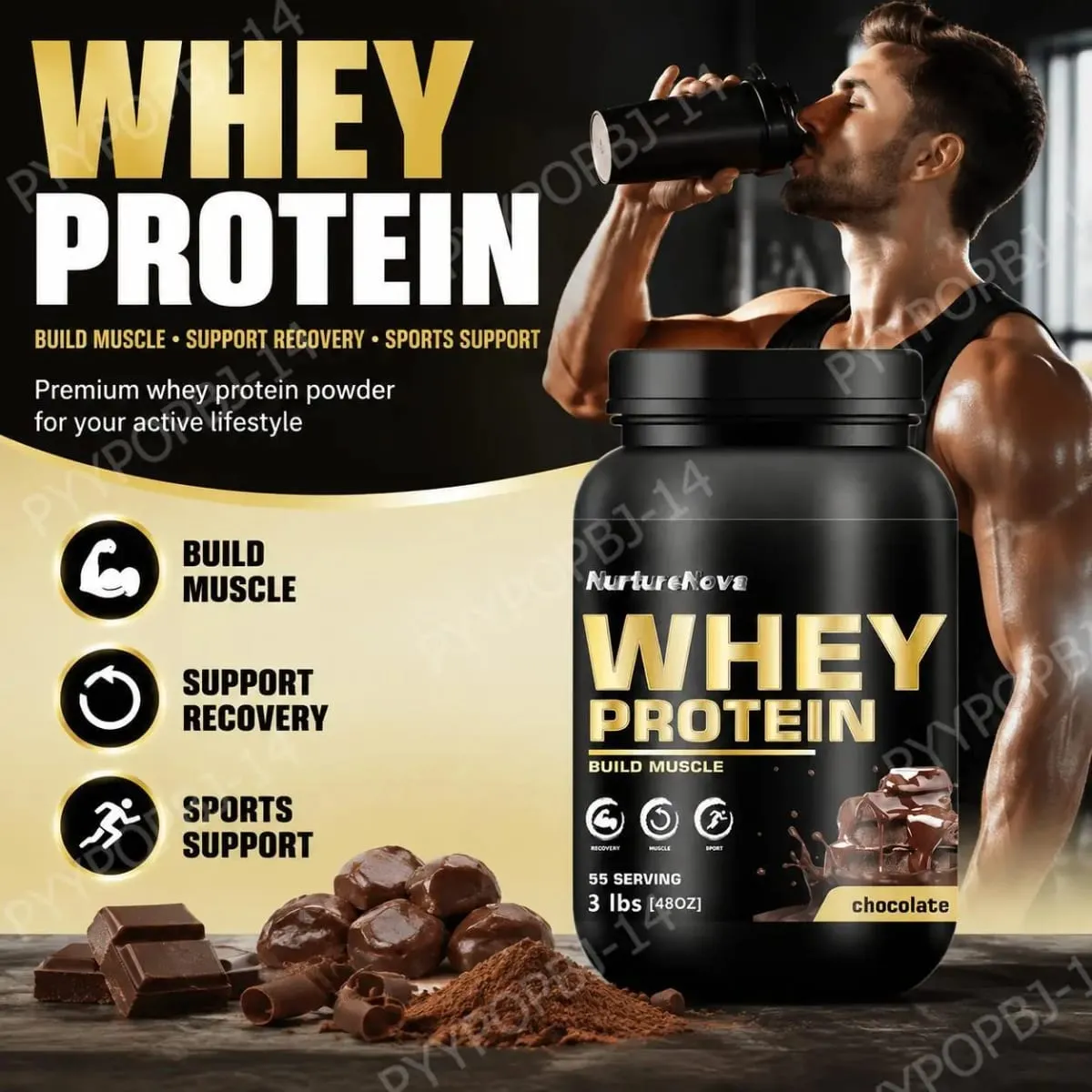 NurtureNova Chocolate Whey Protein Powder 30g Serving 55 Servings per Jar Muscle Building & Recovery Support Fitness Nutrition S — image 2