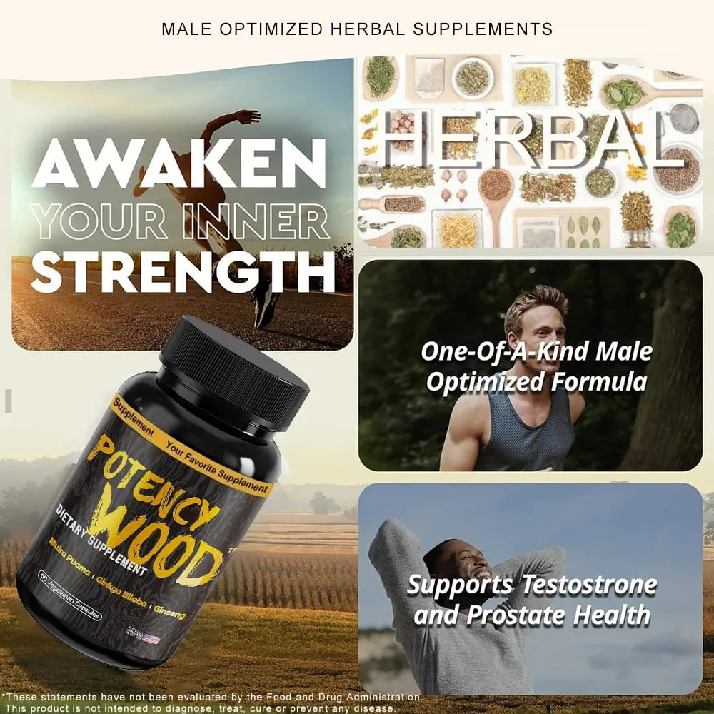 Potency Wood Vitality Boost Capsules - Energy Libido Focus Supplement - Ginseng Ashwagandha Herbal Supplements 60 Capsules