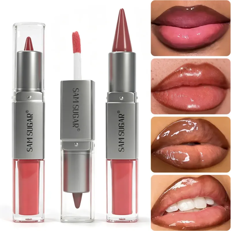 2 in 1 Lip Liner & Lip Gloss Dual Ended Hydrating Non Stick Lipstick Matte Velvet Outline Crayon with Shiny Plumping Lip Glaze