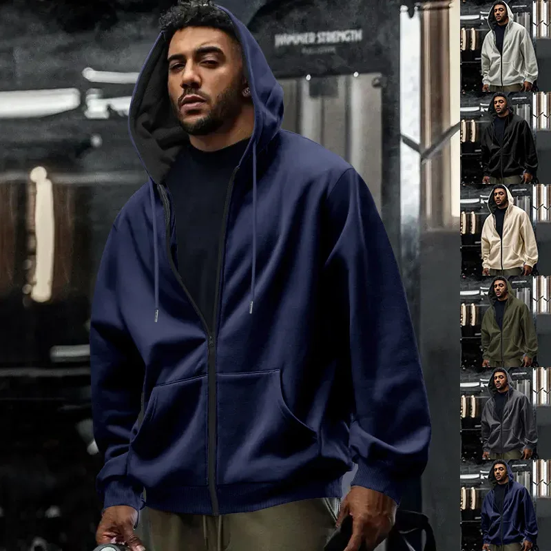 Novo 2026 outono casual sólido manga longa zíper com capuz moletom casaco masculino moda ao ar livre roupas esportivas jaquetas — image 43