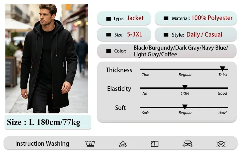 2Pcs Set Men Mid-Length Full Zip Hooded Jacket Fleece Lined Warm Coat with Drawstring Hood & Zipper Pockets Casual Outerwear for Fall Winter Daily Wear — image 17