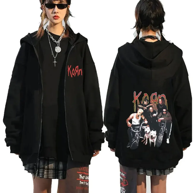 Korn rock band carta logotipo zíper hoodie masculino metal gótico vintage oversized zip up hoodies streetwear punk camisolas jaquetas — image 21