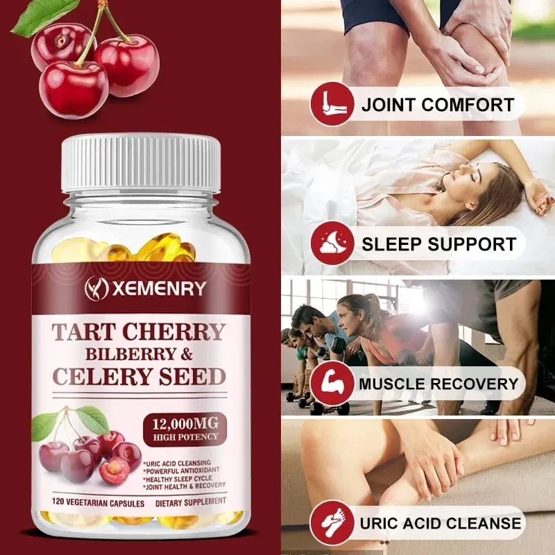 Organic Tart Cherry & Celery Seed Capsules - Uric Acid Cleanse Support Sleep & Joint Health Muscle Repair Supplement