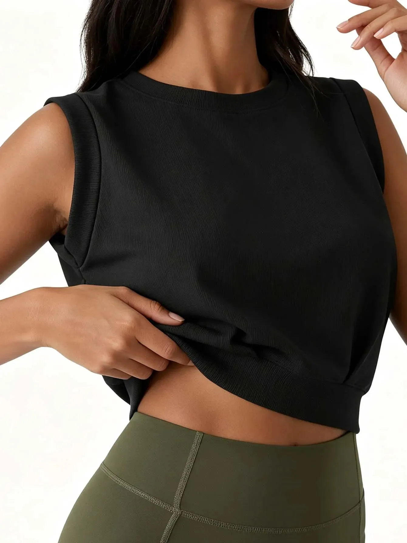 Lady's ribbed round-neck sleeveless fitted crop top solid color loose-fitting sports top casual fitness running yoga top — image 2