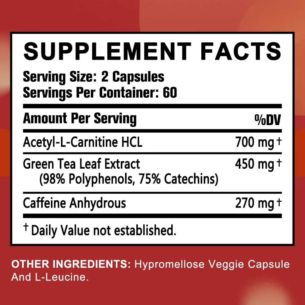 Acetyl-L-Carnitine Green Tea Extract and Caffeine Support Fat Burning Metabolism Improve Mood 30/60/120 Capsules — image 6