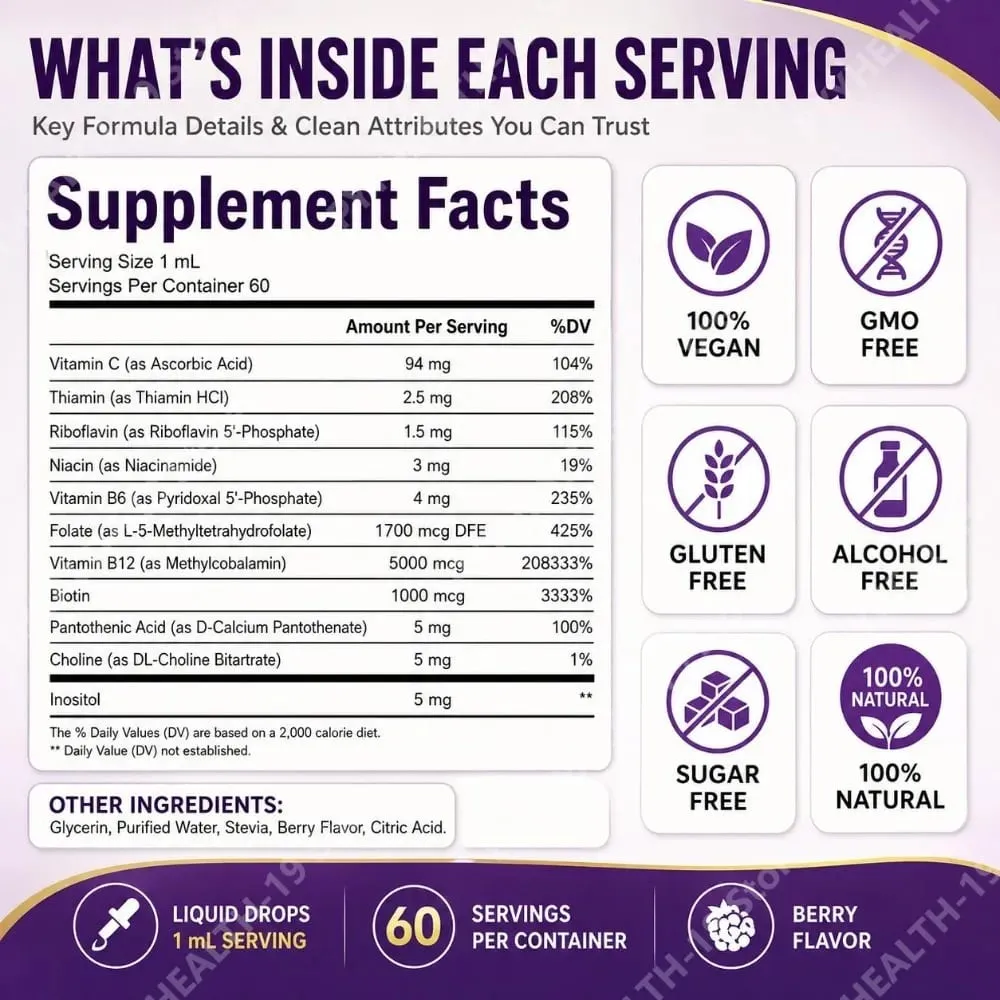 B-Complex Liquid Drops 11-in-1 Methyl B12 Folate Biotin For Energy Focus & Brain Nervous Support Formula Adult 60ml
