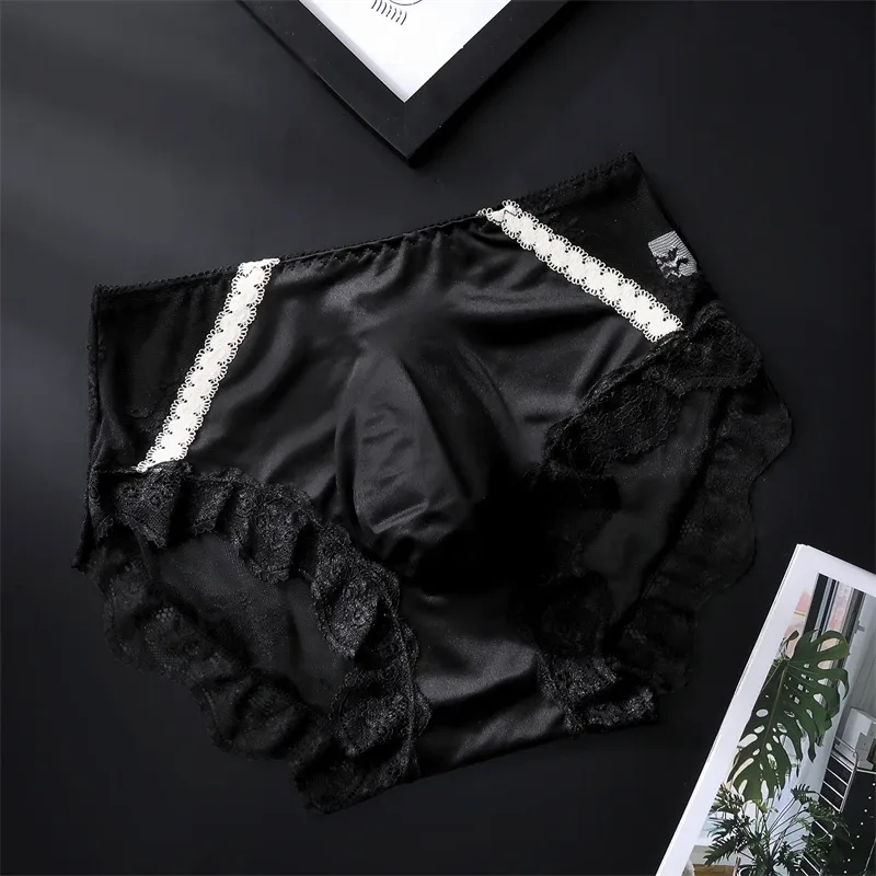 adults 18 plus size men's underwear Ice silk cuecas masculino 3D convex bag cueca color blocked lace mesh calzoncillos hombre — image 4