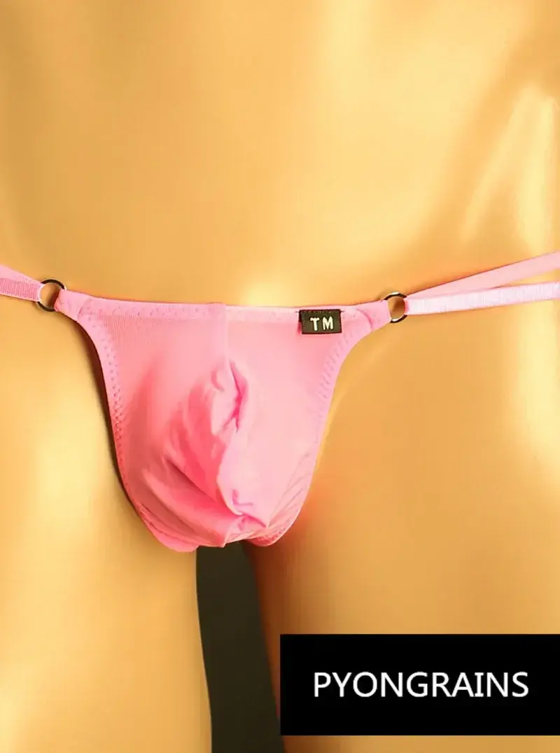 Homens ajustável metal o-ring dupla alça fina bikini briefs cintura baixa sedosa gelo seda 3d u bolsa convexa sexy roupa interior masculina