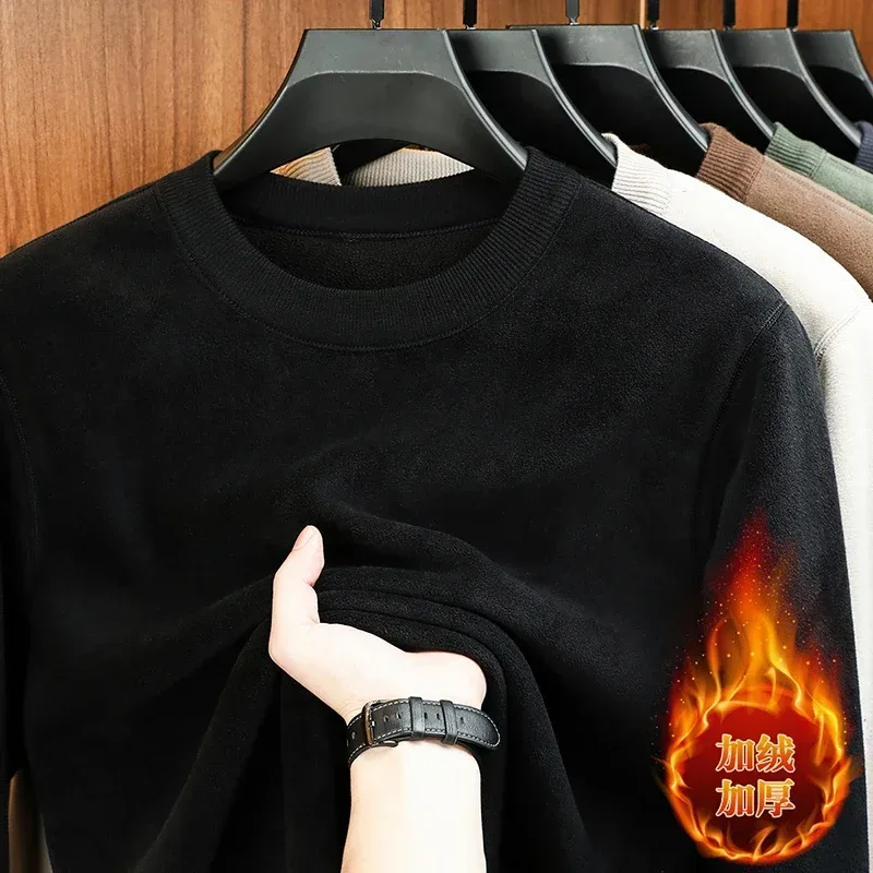 Moletom Com Capuz De Veludo Masculino Outono E Inverno Manga Comprida Pescoço Redondo Cor Sólida Moda Casual Versátil Top — image 1