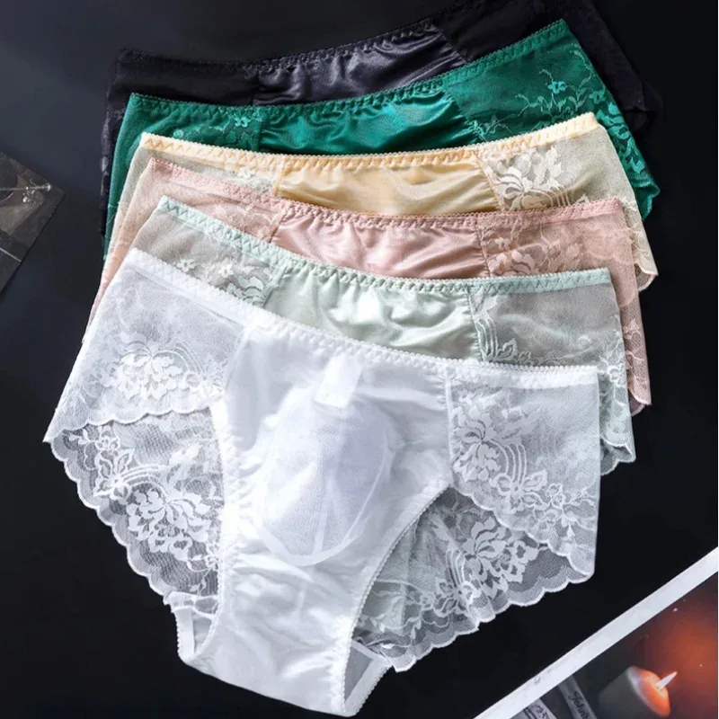 3PCS Men Sexy Lace Triangle Briefs Sexy Low Waist Seamless Panties Male Thin Breathable Comfortable Transparent Underwear
