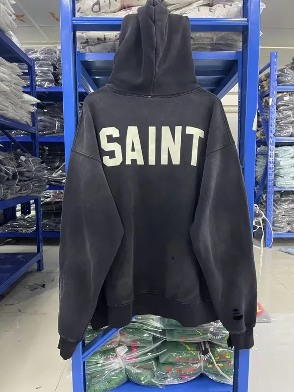25FW Washed Grey SAINT Hoodies Men Woman Oversize Streetwear Damaged Hooded Pullovers Graphic Print Sweatshirts — image 3