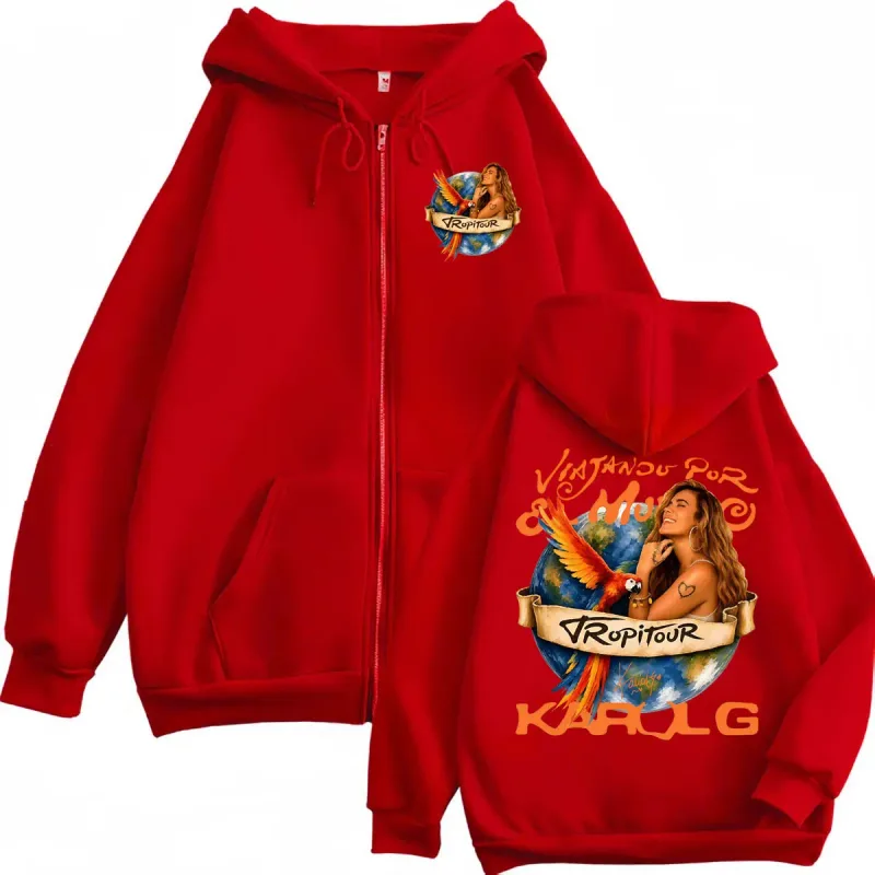 Karol G Tropicoqueta Tour 2026 Graphic Zipper Hoodie High Street Fashion Trend Zip Up Pullovers Unisex Casual Loose Sweatshirts — image 6