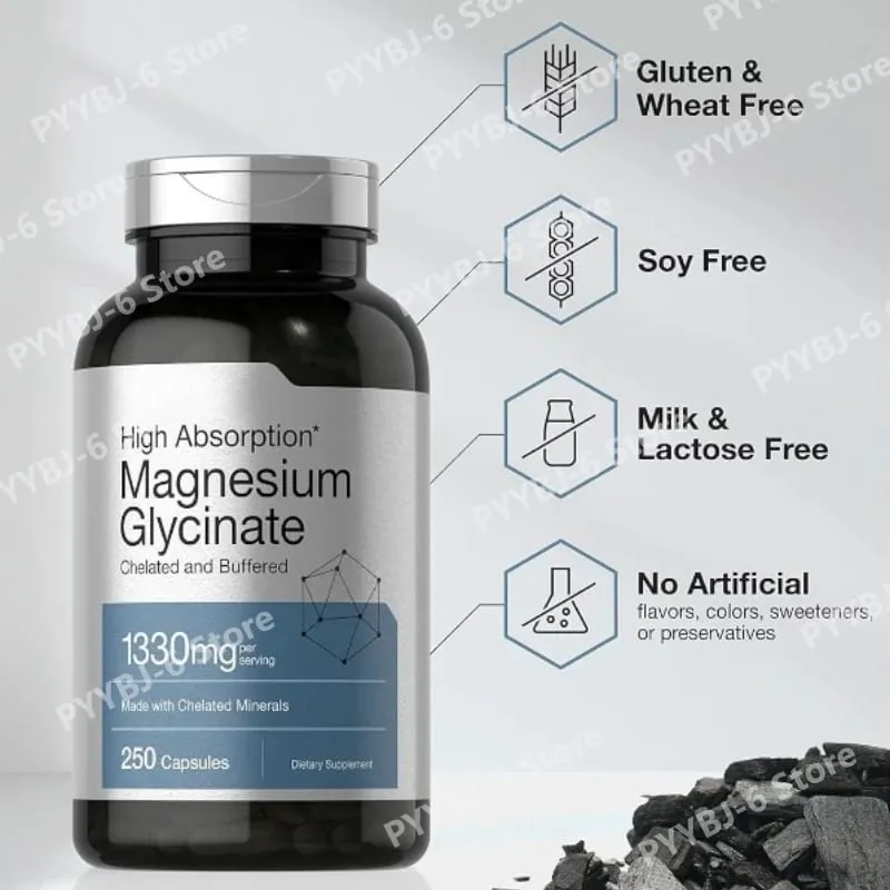 Magnézium-glicinát 1330mg (elemi magnézium) 250 kapszula kelát pufferolt ásványi anyagok, nem GMO, gluténmentes étrend-kiegészítő