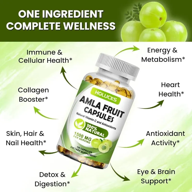 Natural Amla Capsules with High Potency Vitamin C Antioxidant Support Energy Metabolism Heart & Digestive Health