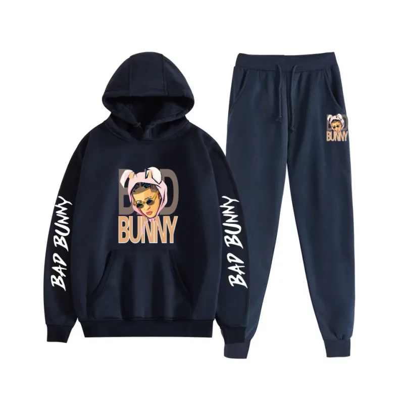 Harajuku confortável bad bunny impressão moletom moletom terno feminino hoodies + calças terno meninos/meninas 2 peça conjunto roupas — image 29