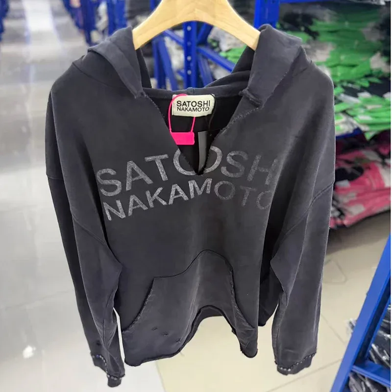 26SS Autumn Winter New Arrival Satoshi Nakamoto Hooded Sweatshirts Destructo Studded Washed Cotton Hooded Unisex Pullover — image 2