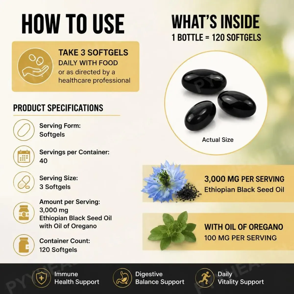 Ethiopian Black Seed Oil Softgels 3000mg with 100mg Oregano Extract for Immune Digestive and Daily Vitality Support 120 Count