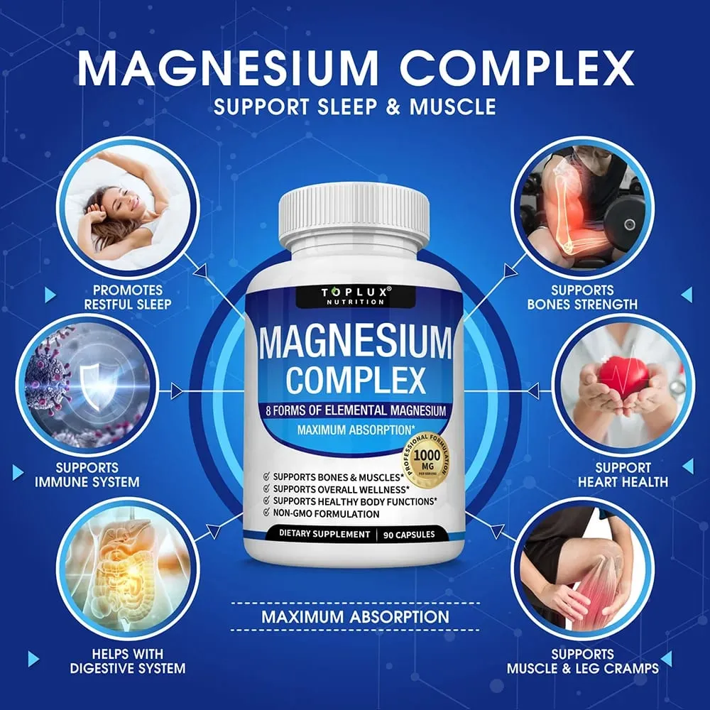Magnesium Complex Supplement 1000mg - Magnesium Glycinate Citrate Malate Taurate for Bones Muscle Energy 90 Vegan Capsules — image 4