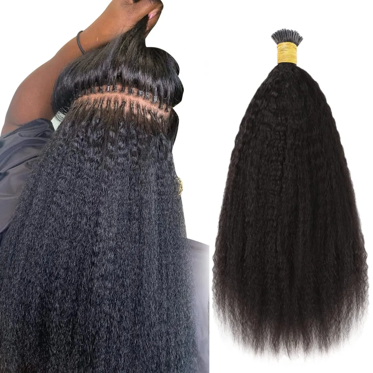 I Tip Extensions Μαλλιών Kinky Straight Human Hair #1B Pre Bonded Remy Micro Links Human Hair Extensions Natural Black 1g/Strand — image 4
