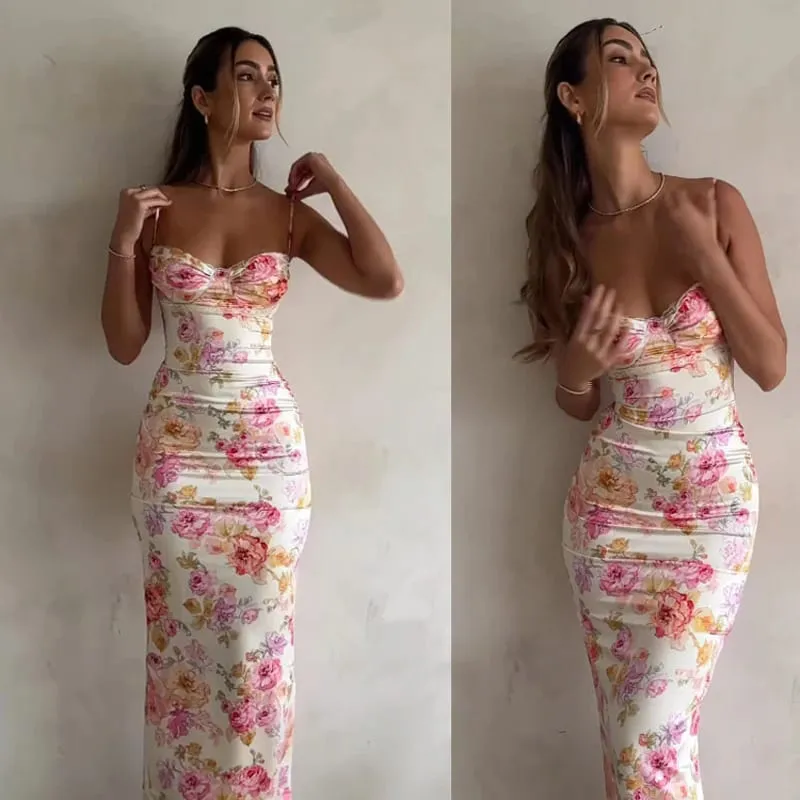 Νέα Floral Ζαρτιέρες Split Slim αμάνικο Patry Beach Φόρεμα Spaghetti Strap Γυναικεία Ρούχα Μίνι Φόρεμα 2024 Καλοκαίρι