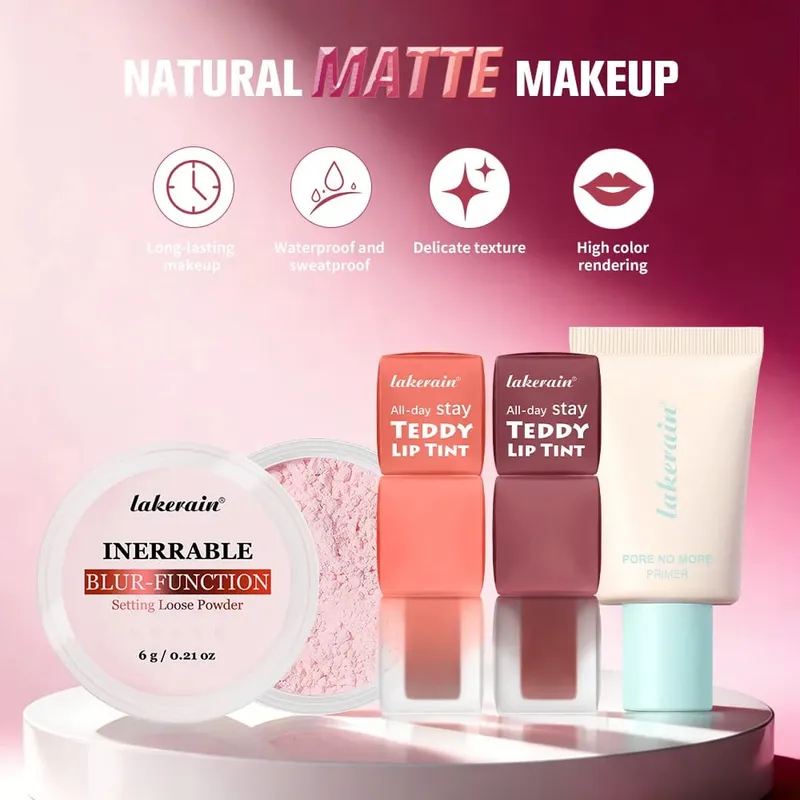 4 τμχ/σετ Pore No More Primer + Lip Tint + Loose Setting Powder Σετ μακιγιάζ Ματ μακράς διαρκείας αδιάβροχο εφέ Ταξιδιωτικό φορητό — image 3