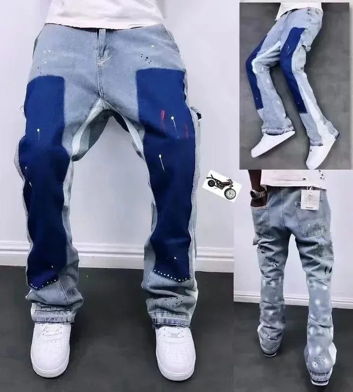 Distressed Bell-bottom Jeans Color Block Construction Details Street Style Trendy Unique Niche Pants Men's Fashion