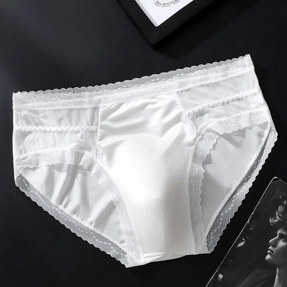Men's Low Waist Triangle Underwear Sexy Elastic Lace Trim Silk Pouch Ultra-Thin Seamless Underpants plus Size Lingerie — image 4