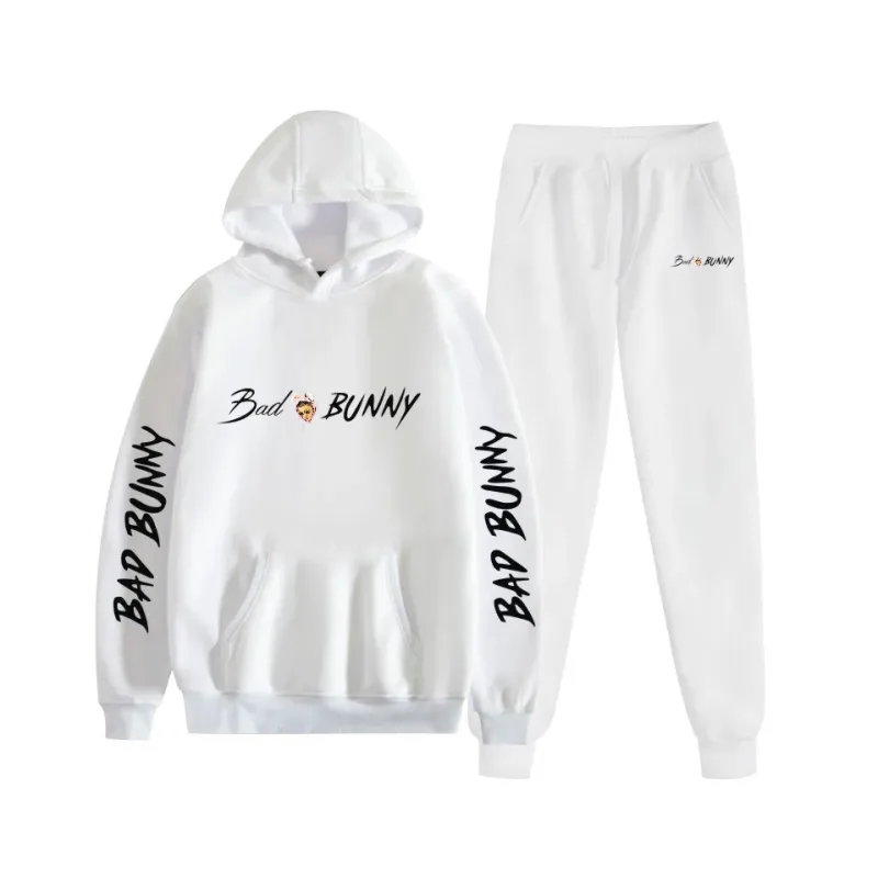 Harajuku confortável bad bunny impressão moletom moletom terno feminino hoodies + calças terno meninos/meninas 2 peça conjunto roupas — image 1