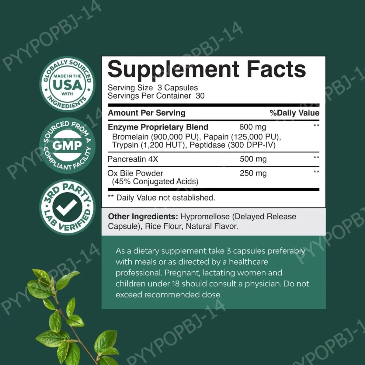 Digestive Enzyme Ox Bile Supplements with Pancreatin & Bromelain 90 Capsules 30 Servings for Women & Men — image 3