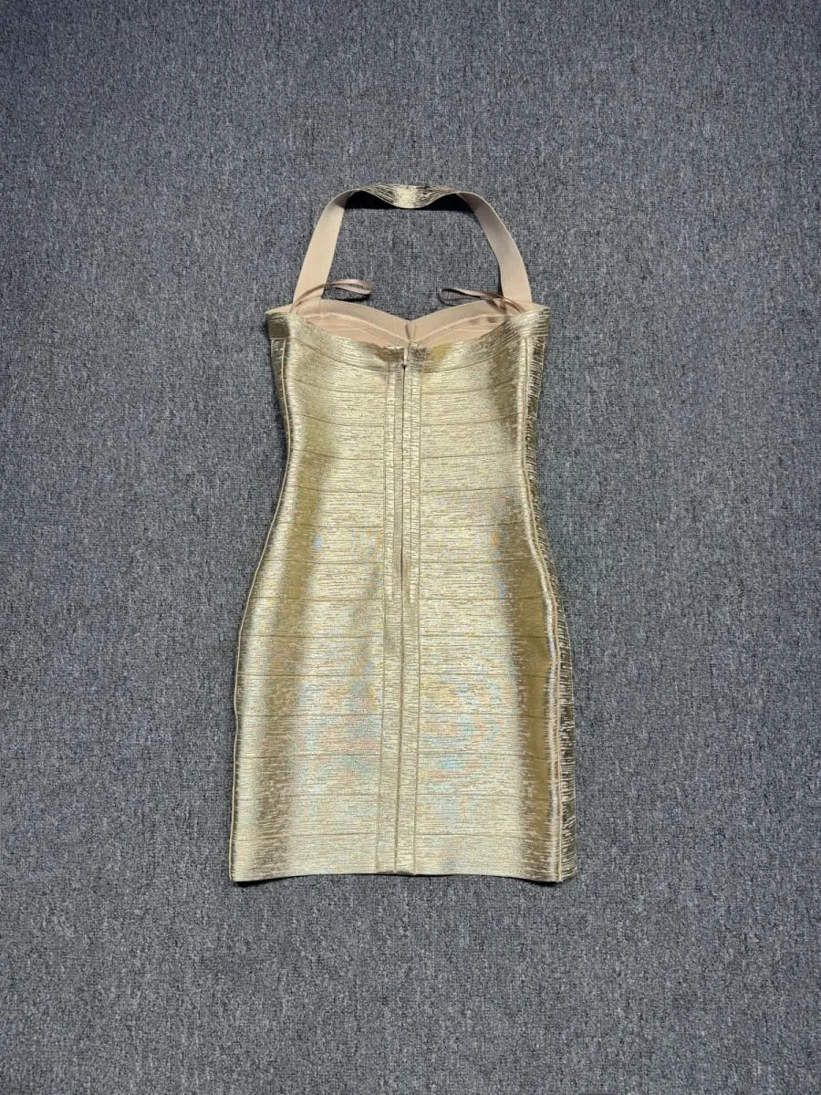 Valódi fotók Női Arany bronzos pólyás ruha Bodycon Mini High Street Evening Club Party Homecoming ruha nagykereskedelmi dropship