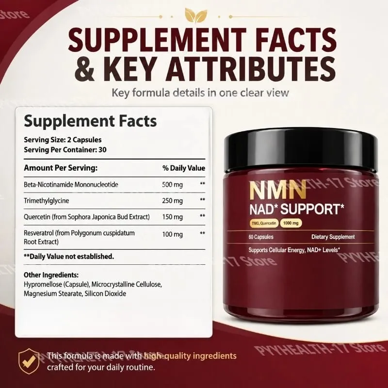 NMN NAD+ Support Supplement 1000mg with TMG & Quercetin for Cellular Energy Healthy Aging & Antioxidant Support 60 Capsules — image 3